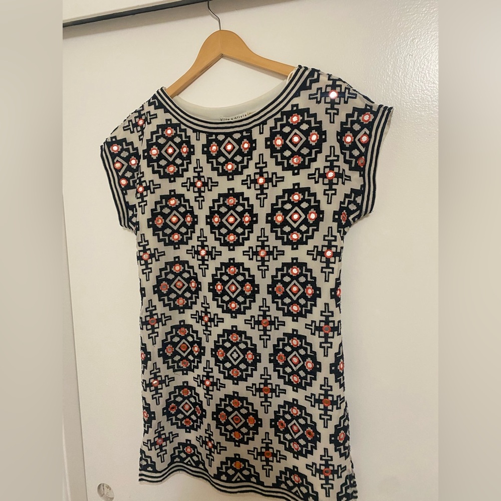 Alice + Olivia Embroidered Tunic in Cream Black and Tangerine